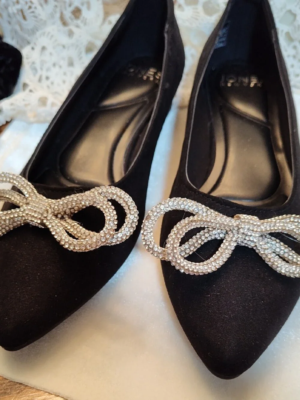 Jones New York Black Pointed Toe Flats with Crystal Loop Accent